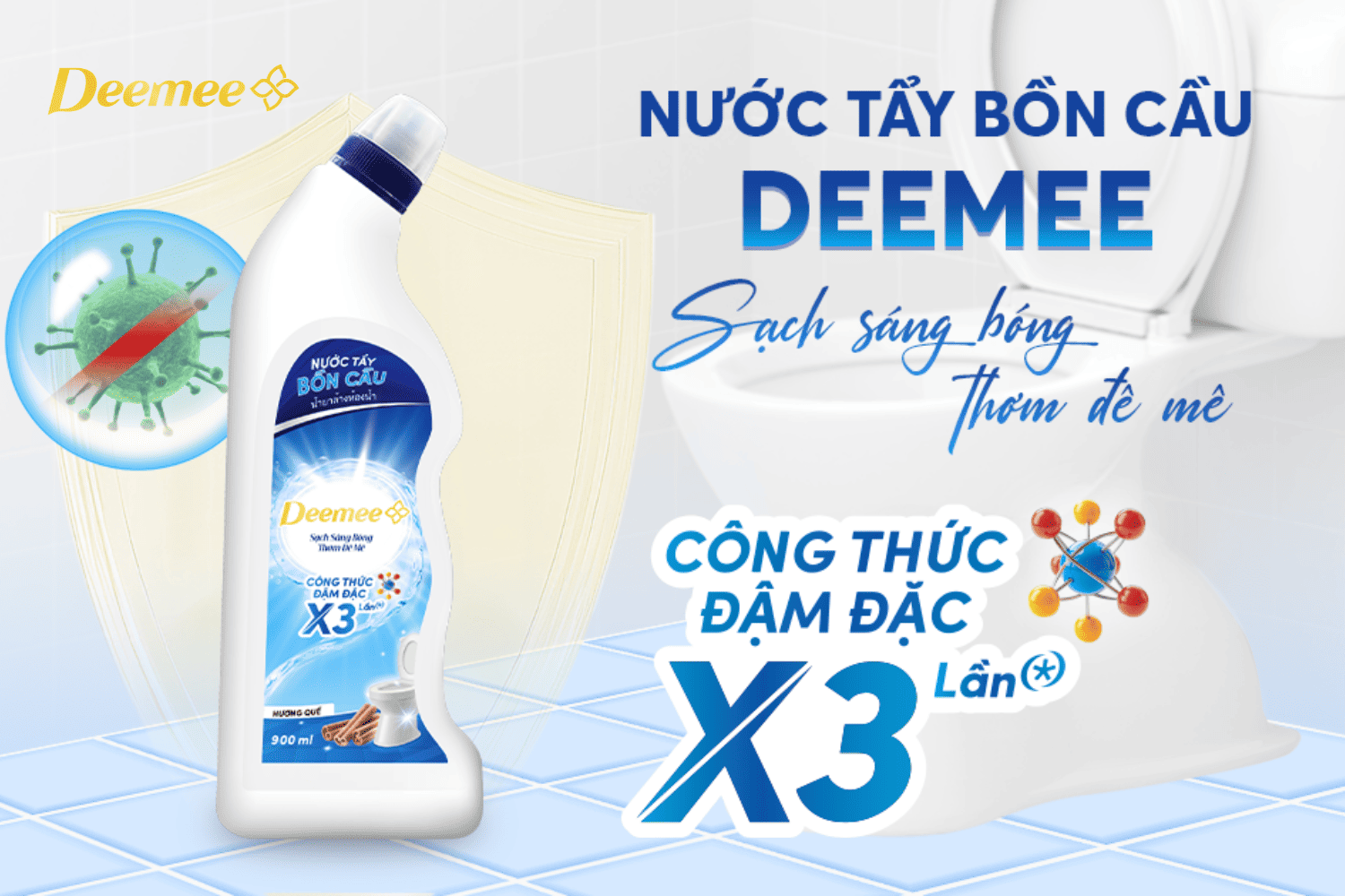 Công thức đậm đặc x3 lần của nước tẩy bồn cầu Deemee giúp làm sạch hiệu quả.